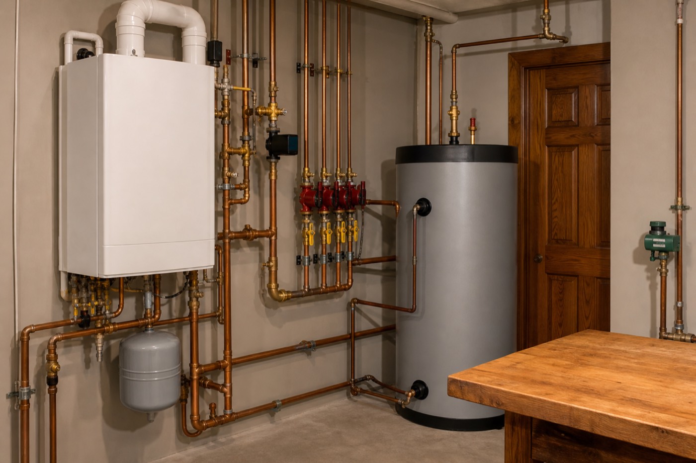 Clean mechanical room install — condensing boiler, indirect water heater, and copper distribution typical of Utah Boiler Experts work