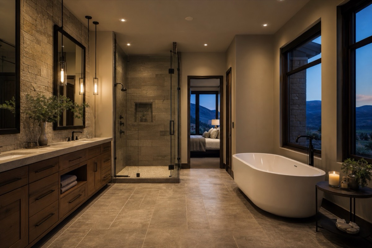 Luxury master bathroom with warm stone tile floor — typical heated-floor retrofit in a Utah mountain home